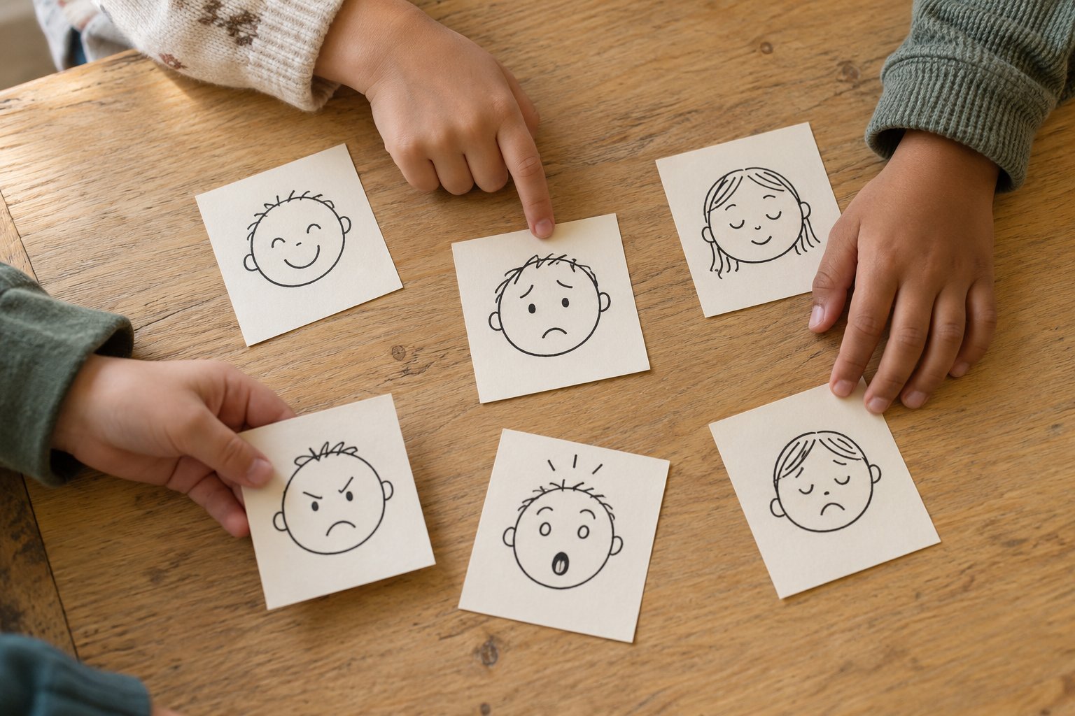 Children's hands choosing cards with drawn emotion faces on a wooden table